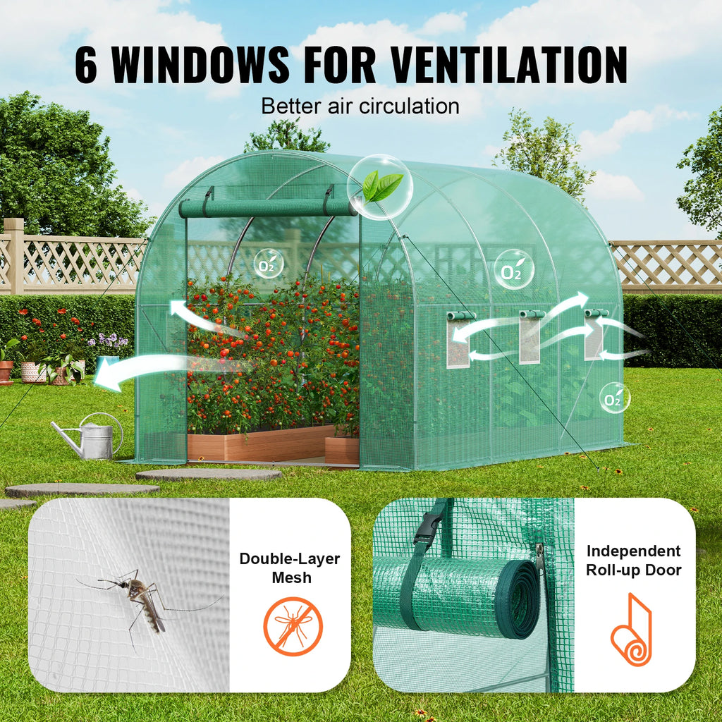 SucceBuy Walk-in Tunnel Greenhouse Hoop House Greenhouse Tunnel Plant Hot House with Steel Frame PE Cover Roll-up Zipper Door