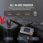 Amocart Smart Battery Charger 35-Amp Lithium LiFePO4 (AGM / Gel / SLA) with LCD Display Trickle Charger for Boat Motorcycle Use