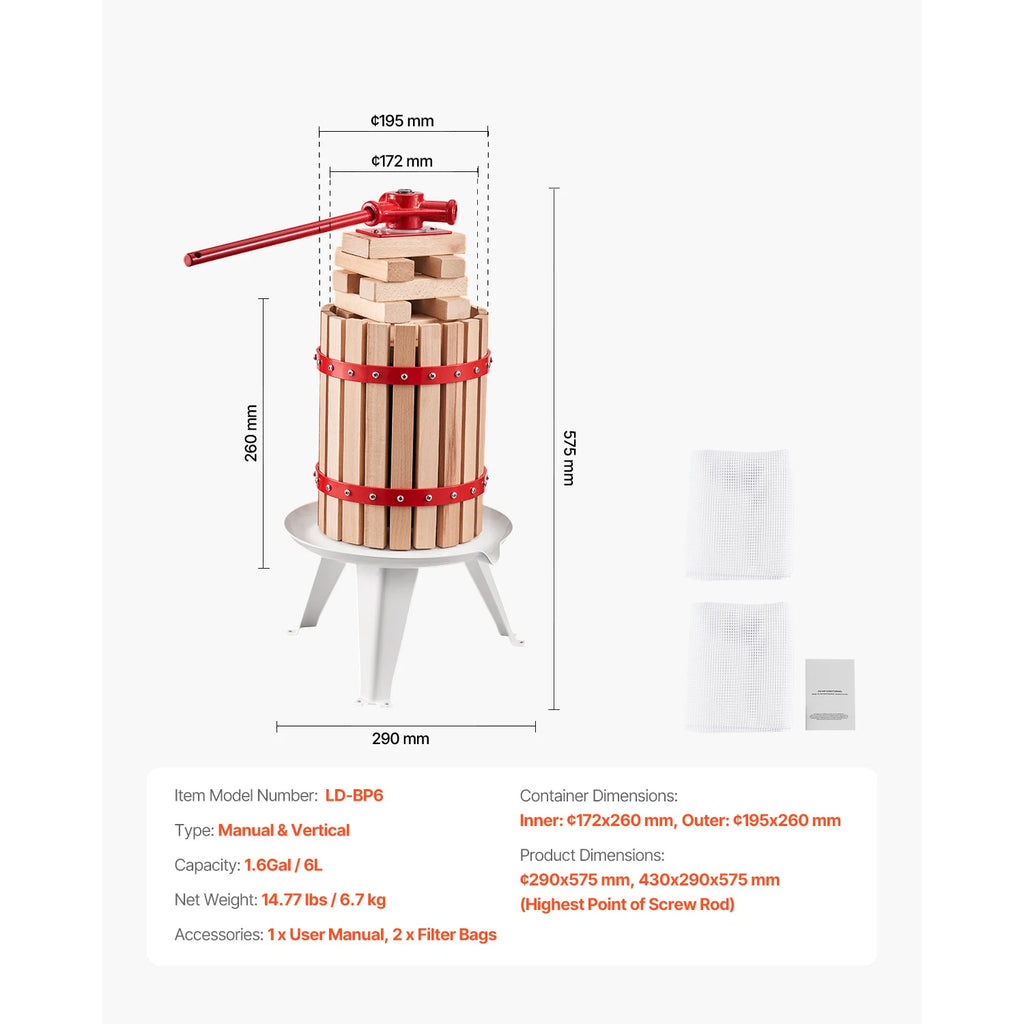 SucceBuy 6L 12L Fruit Wine Press Solid Wood Basket with 8 Blocks Heavy Duty Manual Juice Maker Cider Apple Grape Making Press