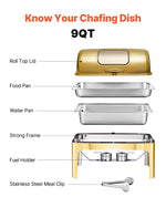 Amocart 9Qt Roll Top Chafing Dish Buffet Stainless Steel Chafer with Full Size Pan Visible Lid Rectangle Catering Warmer Server