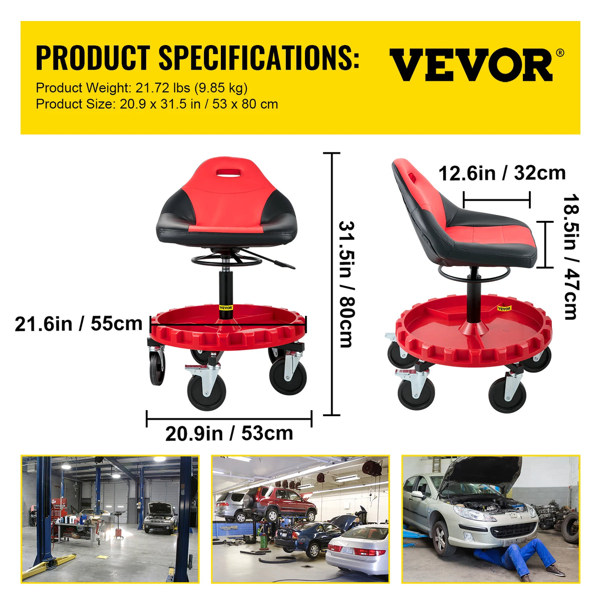SucceBuy Rolling Garage Stool Car Detailing Stool Adjustable Height Mechanic Seat With Tool Tray Workshop Auto Repair Shop Stool Amocart