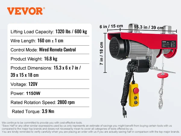 SucceBuy 200-800kg Electric Hoist with Wired/Wireless Remote Control Lifting Crane Cable Hoist Winch for Boat Garage Elevator Amocart