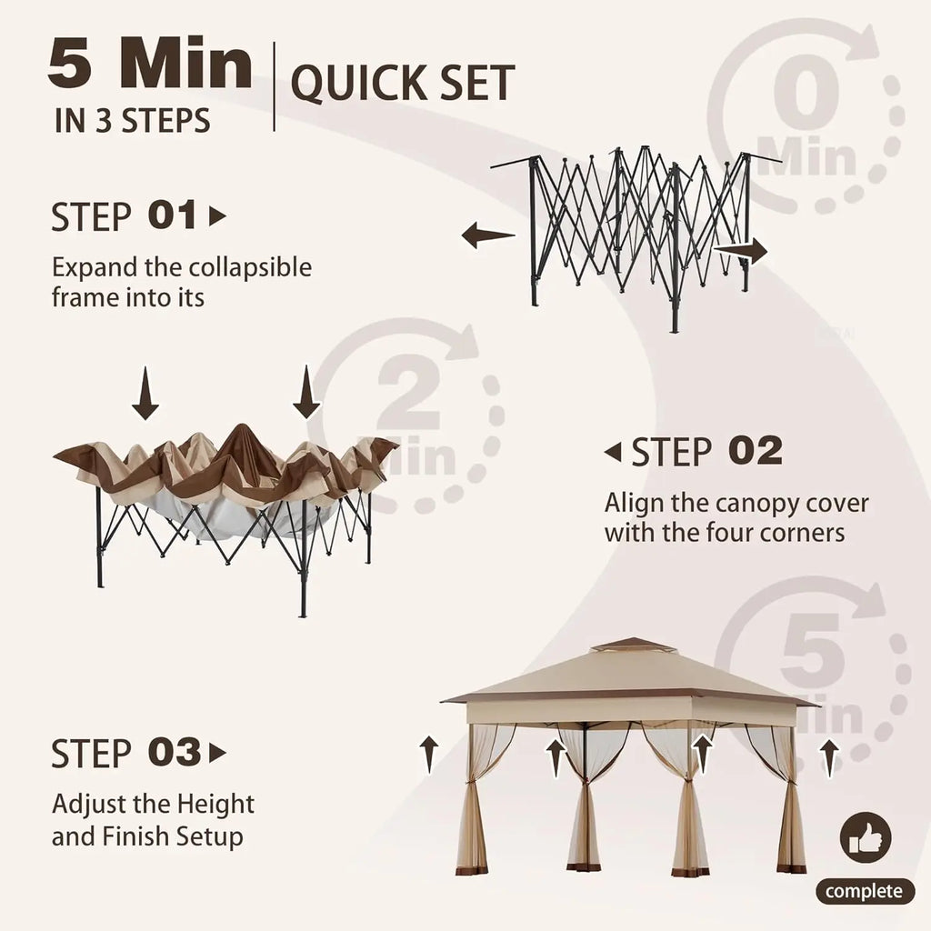 11x11 Pop Up Gazebo with Mosquito Netting – Easy 1-Person Setup, Water-Resistant Backyard Canopy for Family Patio & Garden Use,K