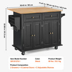SucceBuy 43" Kitchen Island Cart Wood Top Mobile Carts with Storage Cabinet Rolling Table with Leaf Spice Rack Towel Bar Black