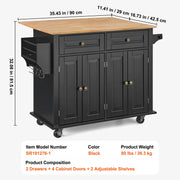 Load image into Gallery viewer, SucceBuy 43" Kitchen Island Cart Wood Top Mobile Carts with Storage Cabinet Rolling Table with Leaf Spice Rack Towel Bar Black - AMOCART
