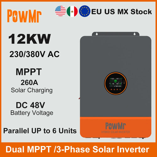 Local Stock 12KW Three-Phase DC 48V Solar Hybrid Inverter 230/400Vac Built-In 260A Dual MPPT Charger 2 PV Input Fit for LifePO4
