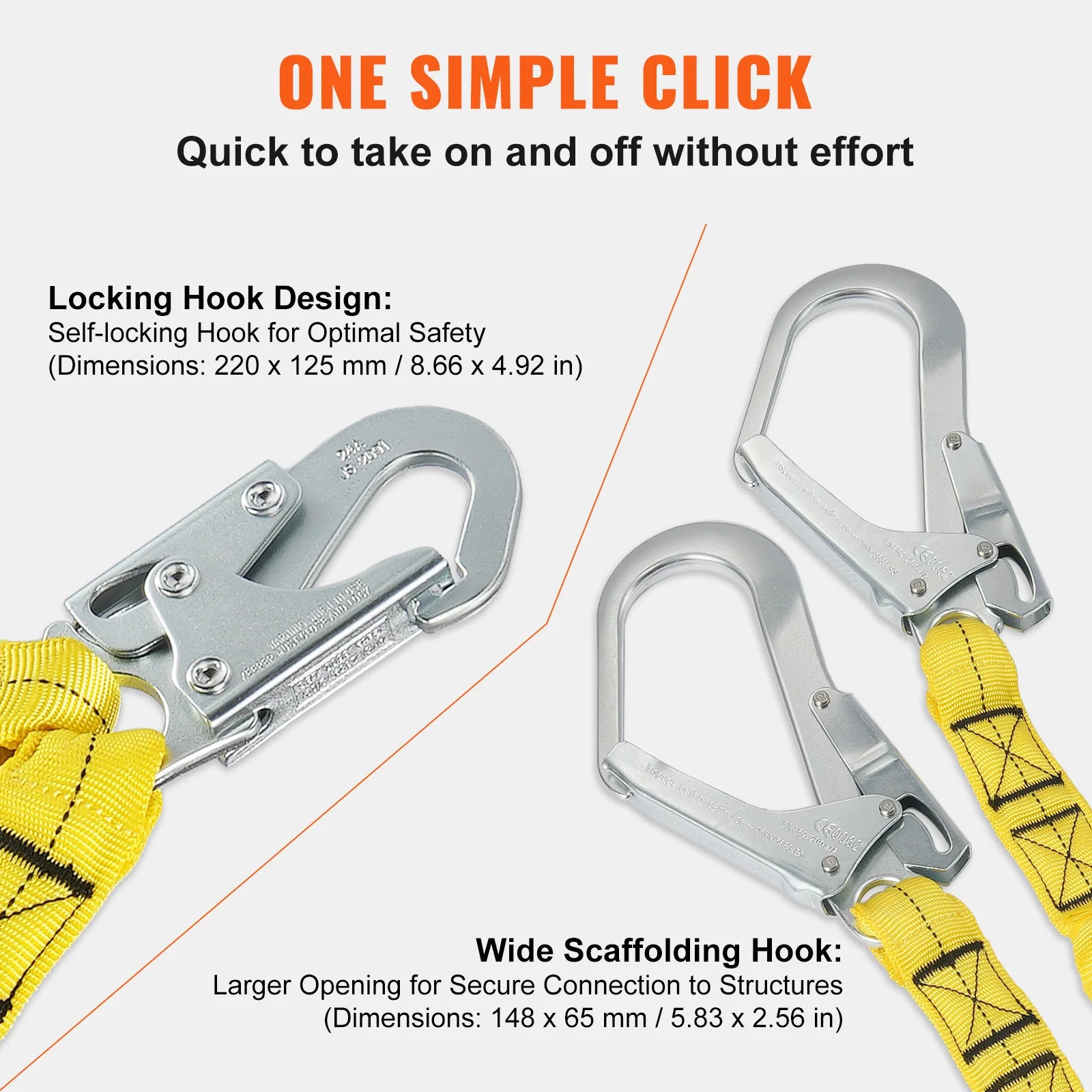 VEVOR 38mm Safety Lanyard 6ft(1.83m) Fall Protection Lanyard Retractable Safety Belt for Outdoor/Indoor Tree Climbing Yellow
