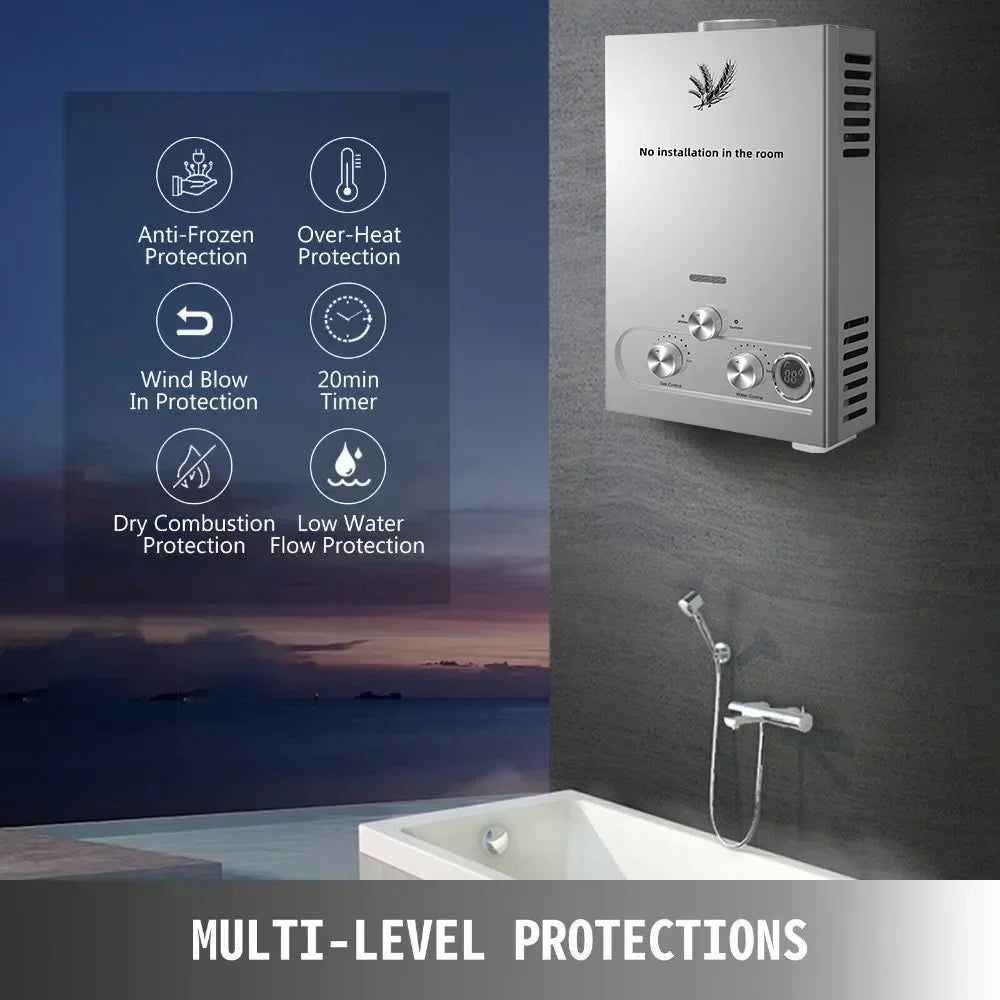 SIHAO Instant Hot Water Boiler for Home, multi-size LPG gas models available, stainless steel construction with fast heating, a reliable choice for steady hot water supply in daily showers and household living