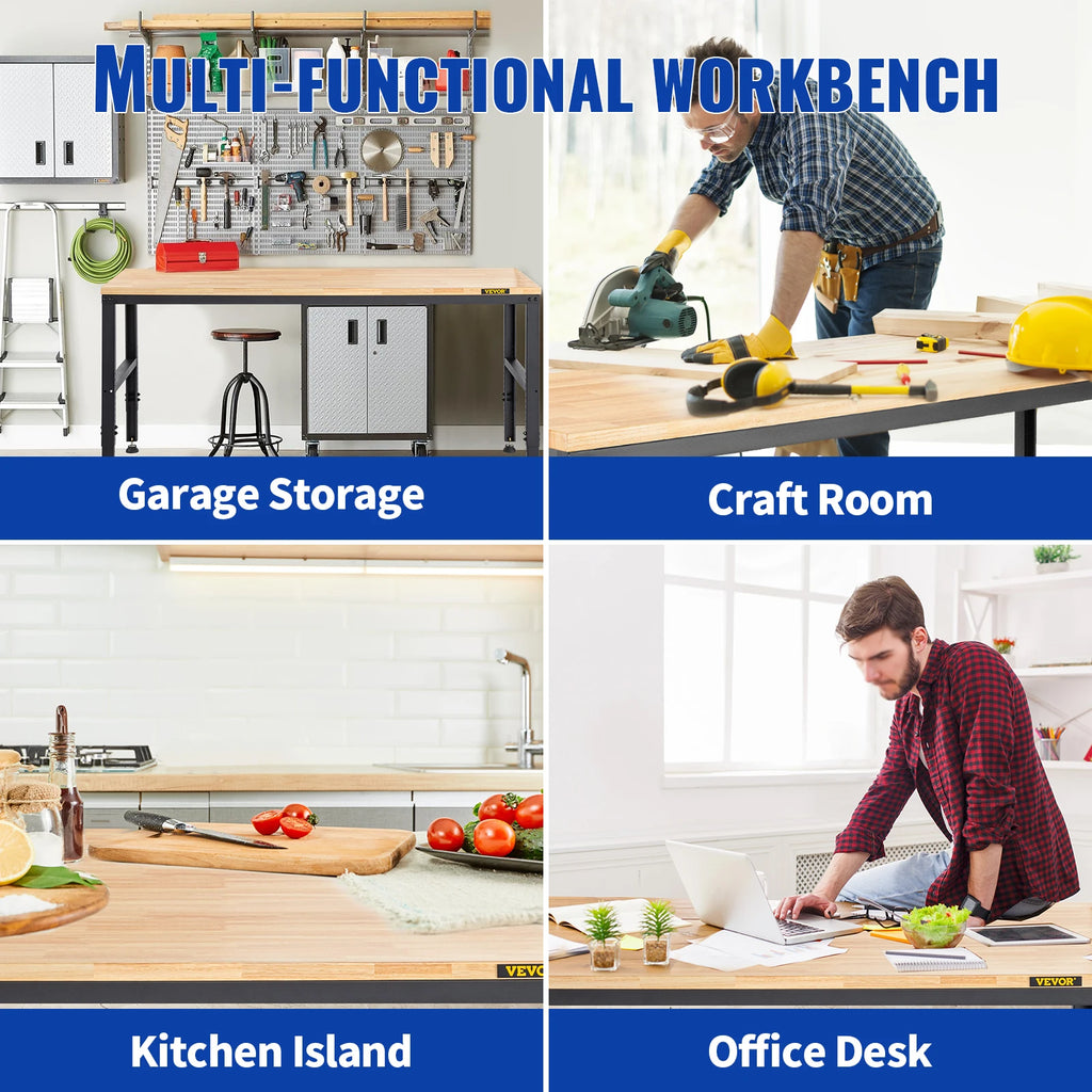 SucceBuy Heavy-Duty Workbench 72cm Adjustable Height Oak Wood Hardwood Top Table 900KG Load Capacity for Office Home Workshop