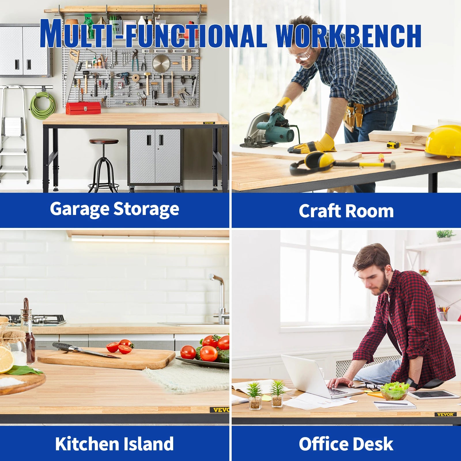 SucceBuy Heavy-Duty Workbench 72cm Adjustable Height Oak Wood Hardwood Top Table 900KG Load Capacity for Office Home Workshop