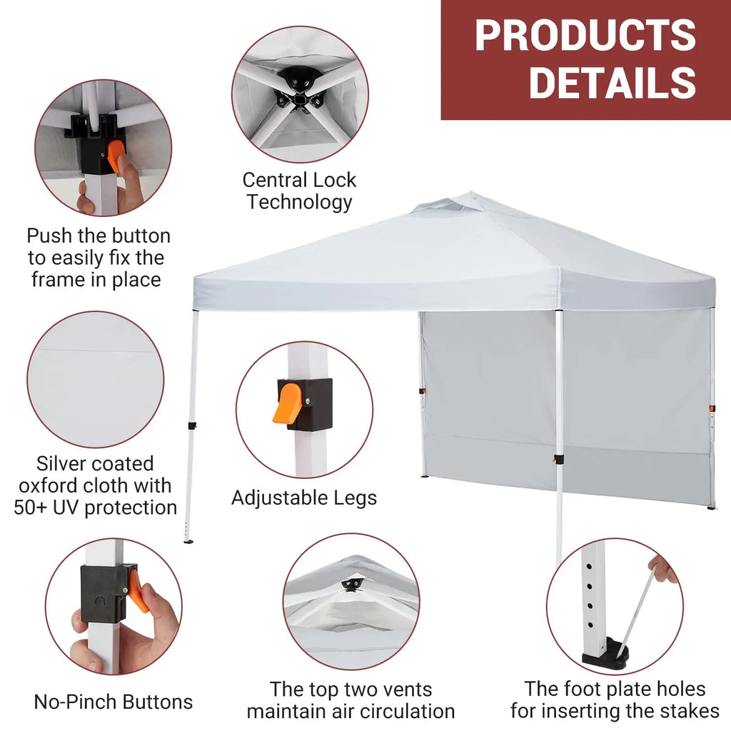 Easy One-Push Setup Pop Up Canopy Tent 10x10ft – Waterproof Outdoor Shelter, Portable Gazebo with Wheeled Bag, Includes Side Wall, Ideal for Camping, Patio, Parties