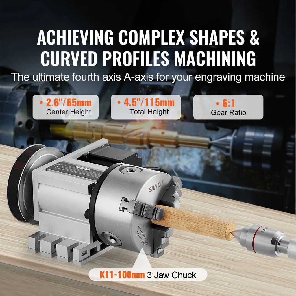 SucceBuy Dividing Head K11-100mm 3Jaw Chuck 2.6"/65mm Center Height MT2 Tailstock 6:1 Gear Ratio Universal for Milling Engraving