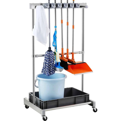 Amocart Garden Tool Organizer Yard Tool Tower Rack 10 Slots with Hook & Wheels Broom Storage for Garage Outdoor Organization