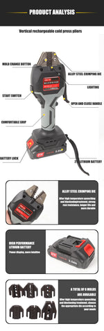 Cordless Hand Held Hydraulic Pliers 16KN Electric Hydraulic Wire Crimper with LED Light & Molds Terminal Crimping Tool