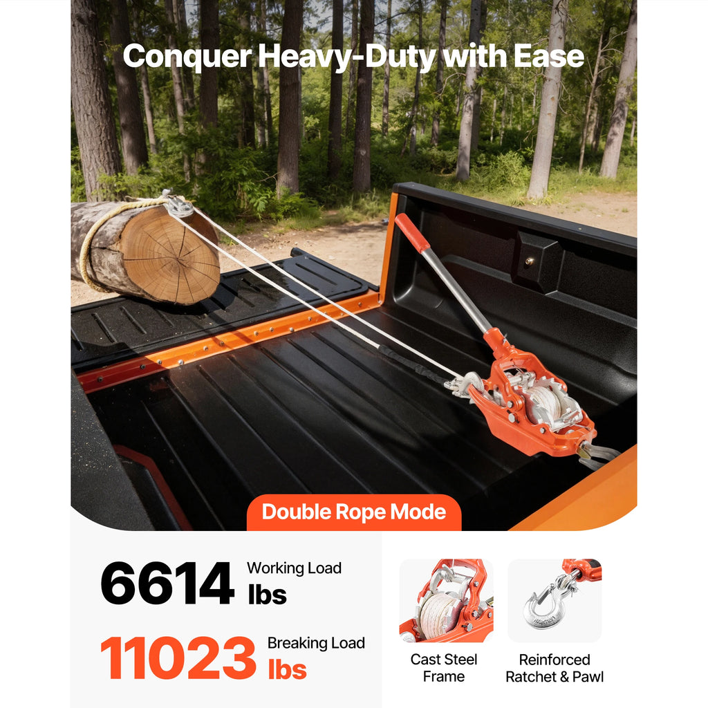 SucceBuy 6614lbs Rope Puller Ratchet Power Puller Tool with 35ft of 0.3 in Diameter Rope & 2 Hooks for Tree Felling Moving Boats