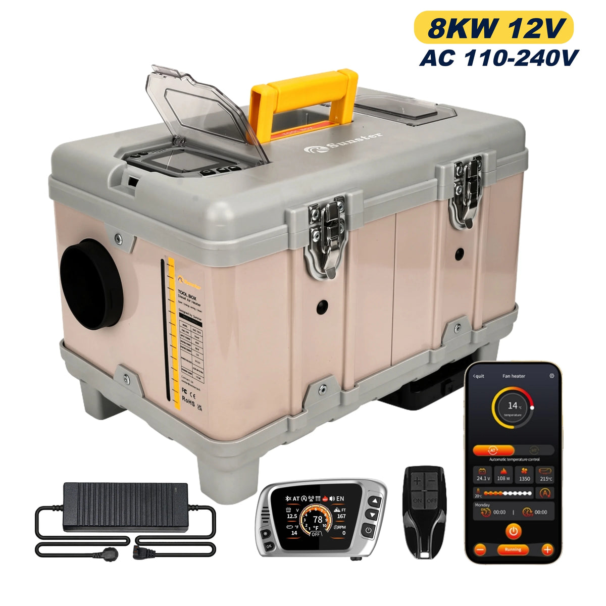 8KW 12V/220V Portable Diesel Air Heater W/ Self-Cleaning & Bluetooth APP, High Altitude Mode Car Diesel Heater for RV Truck Van Amocart