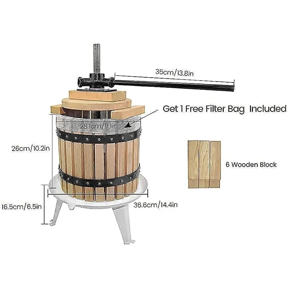 Fruit Crusher Apple Cider Wine Press 3.17 Gallon 12L Solid Wood Basket Press
