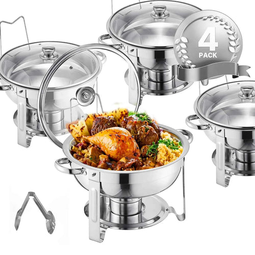 Amocart 5 Qt 2 4 Pack Round Chafing Dish Buffet Set Stainless Steel Chafer w/ 4 Full Size Pan Catering Warmer Server for Party