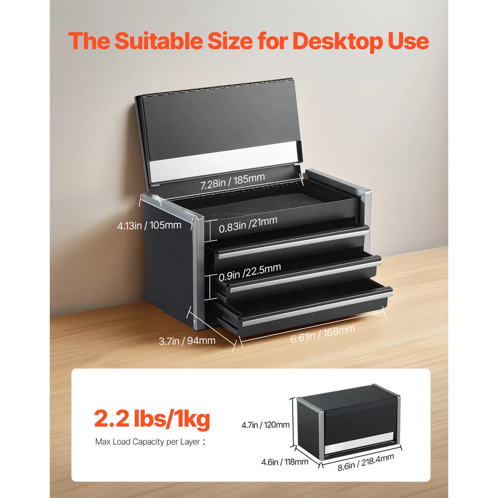 SucceBuy 8.6in 3 Drawers Metal Tool Box Portable Tools Chest with Feet Pads & Ball Bearing Powder Coated Tool Storage for Garage
