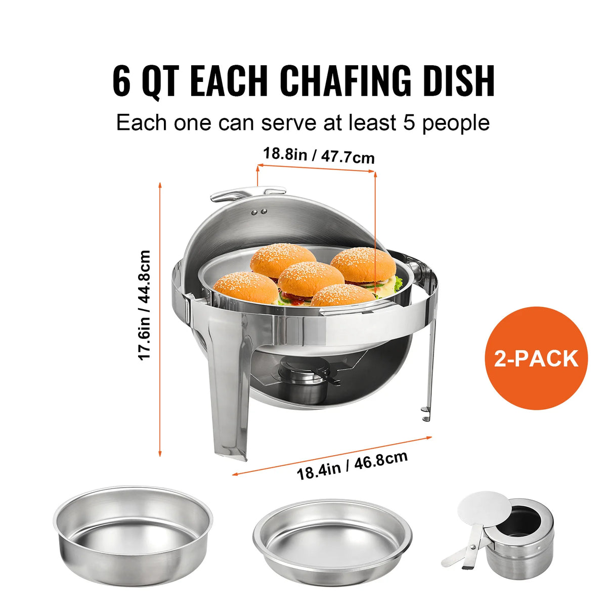 SucceBuy Roll Top Chafing Dish Buffet Set 6 Qt 2 Pack Stainless Steel Chafer with 2 Full Size Pans Round Catering Warmer Server Amocart