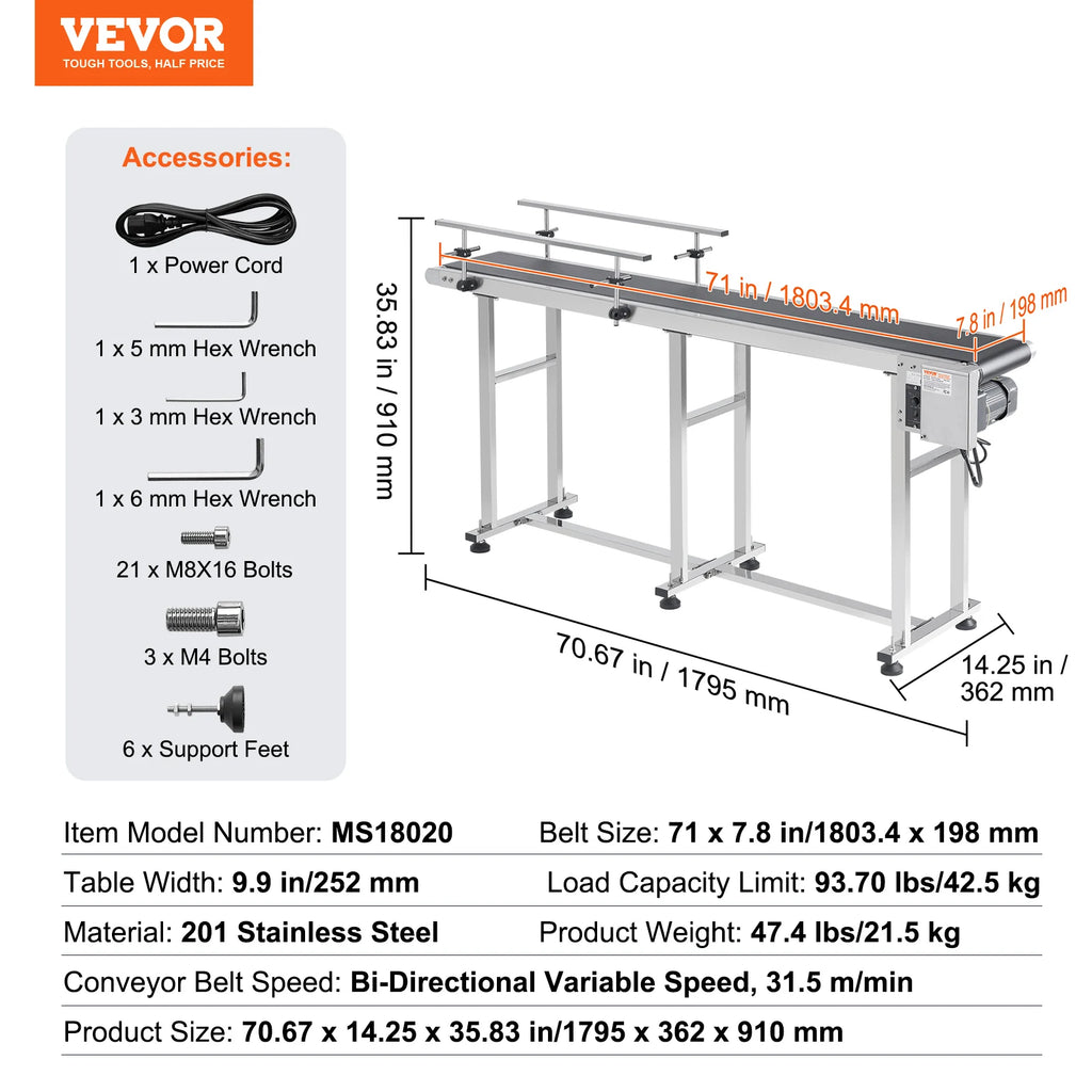 SucceBuy PVC Belt Conveyor Table Double Guardrail Stainless Steel Motorized Adjustable Speed for Factory Inkjet Coding Powered
