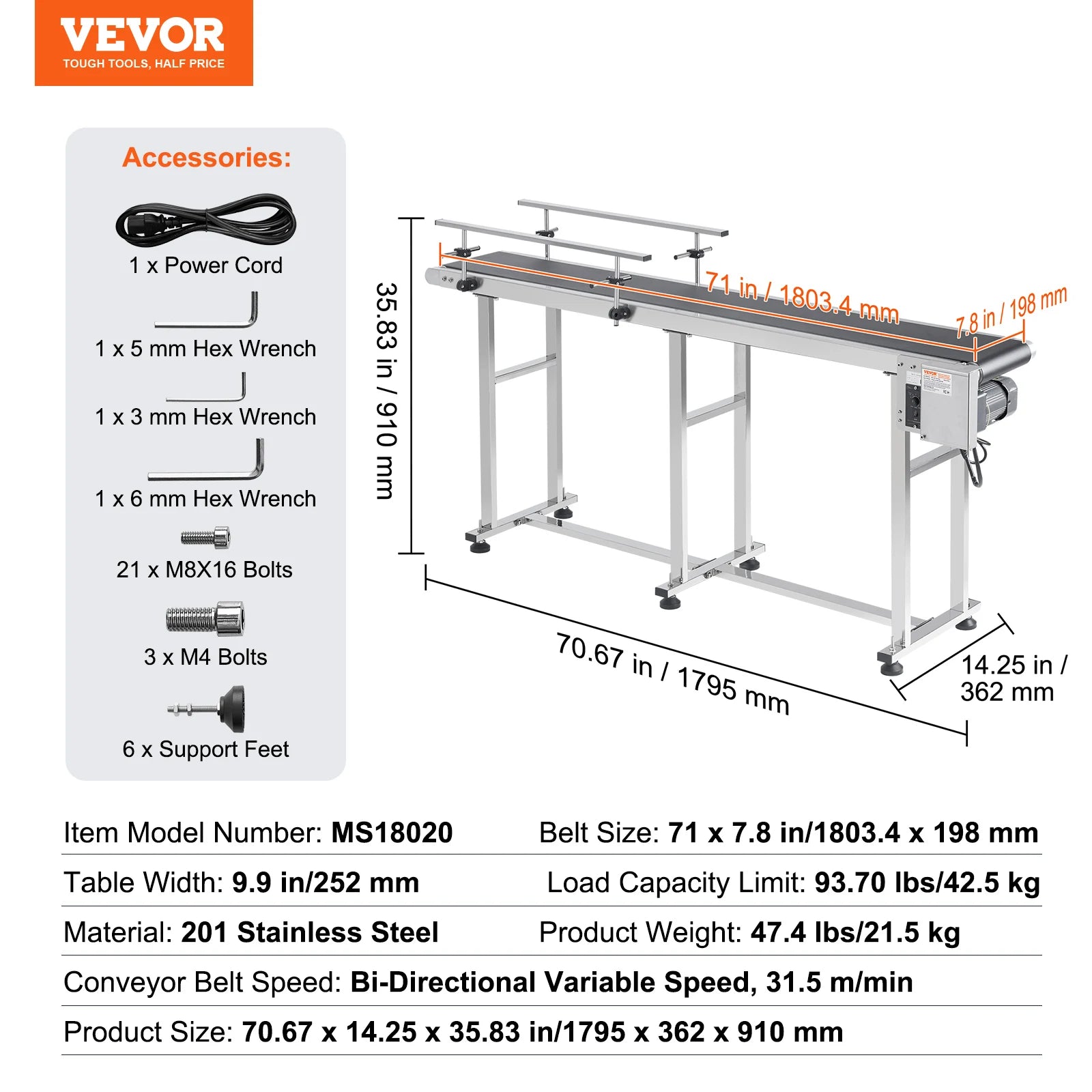SucceBuy PVC Belt Conveyor Table Double Guardrail Stainless Steel Motorized Adjustable Speed for Factory Inkjet Coding Powered