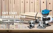 Bild in Galerie-Viewer laden, SucceBuy 800W Soft Start Compact Router Kit Variable Speed 10000-30000Rpm with Fixed Base, Plunge Base, Tilt Base and Offse Base
