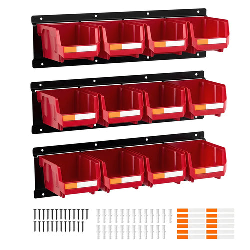 SucceBuy Wall Mounted Storage Bins 12 Plastic Bins & 3 Metal Rails Hanging Stackable Garage Workshop Nails Tools Organizer Box