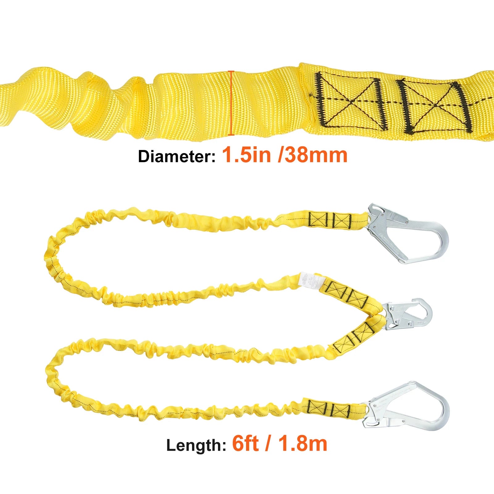 VEVOR 38mm Safety Lanyard 6ft(1.83m) Fall Protection Lanyard Retractable Safety Belt for Outdoor/Indoor Tree Climbing Yellow