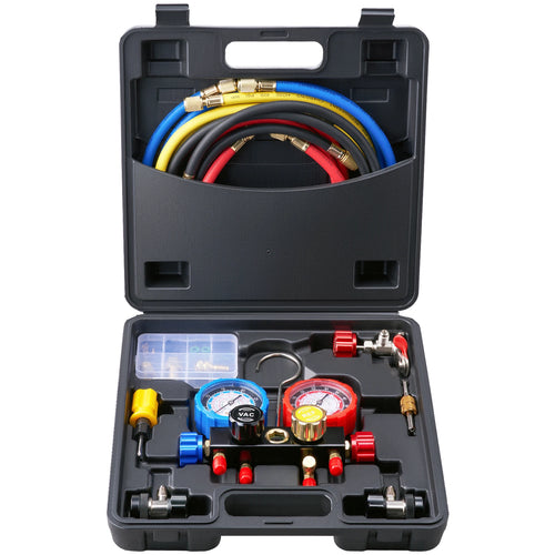Amocart 4 Way AC Gauge-AC Manifold Gauge Set with 5ft Hoses for R134A/R22/R12/R410A Work on Car Freon Charging and Evacuation
