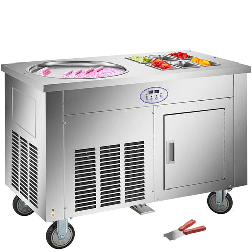 Amocart Commercial Fried Ice Cream Roll Machine w/ 6 Buckets Single Square Pan Stainless Steel Home Ice Cream Porridge Maker