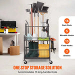 Amocart 16 Slots Garden Tool Organizer Yard Tool Tower Rack with Hooks Wheels Long-Handled Rake Stand Holder for Garage Storage