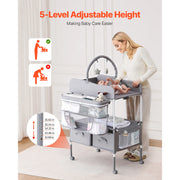 Load image into Gallery viewer, SucceBuy Baby Changing Table Foldable Diaper Change Station with 2 Fabric Drawers Side Basket &amp; Hanging Rod Adjustable Height
