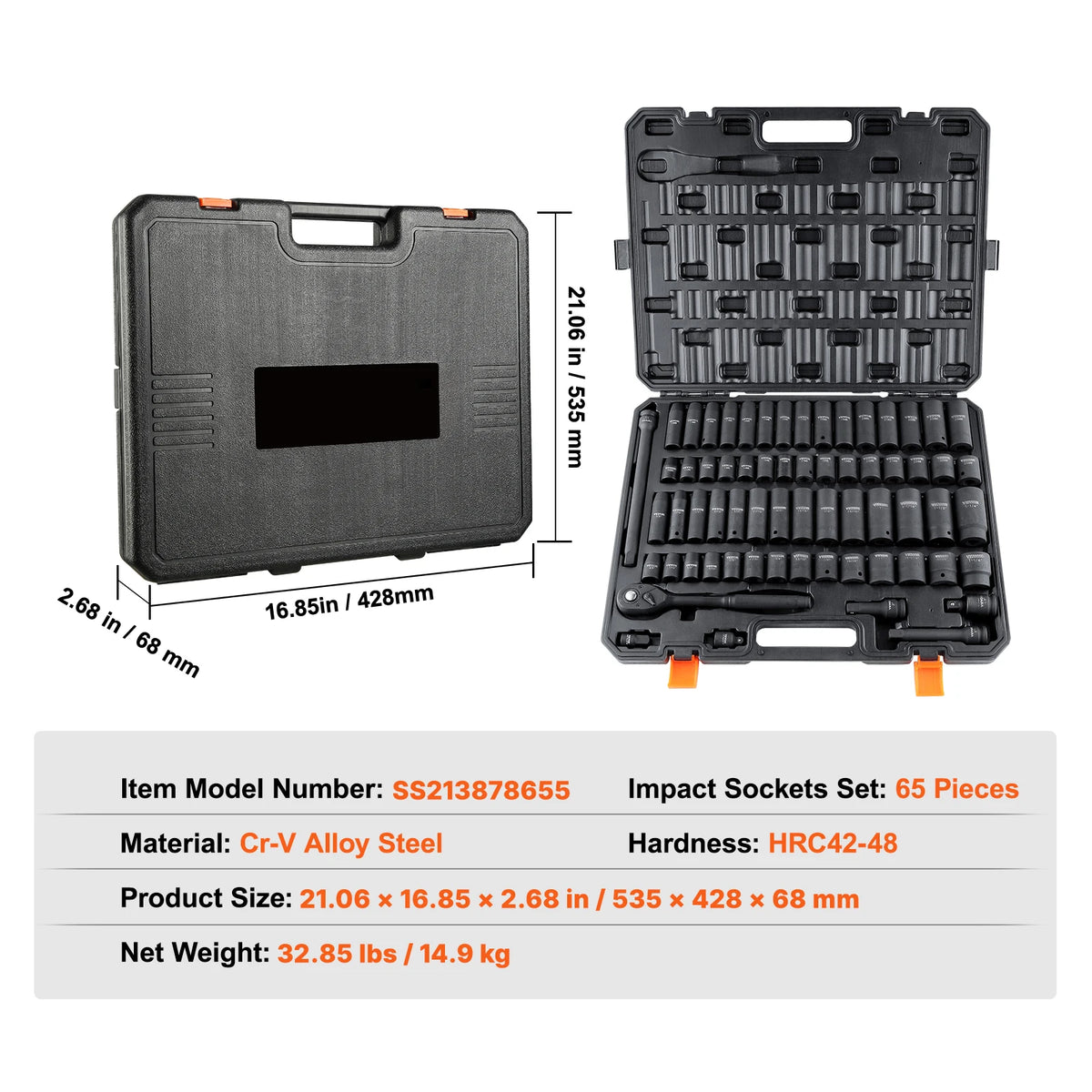 SucceBuy 1/2" Drive Impact Socket Set  6 Point Cr-V Alloy Steel for Auto Repair Easy-to-Read Size Markings Rugged Construction Amocart
