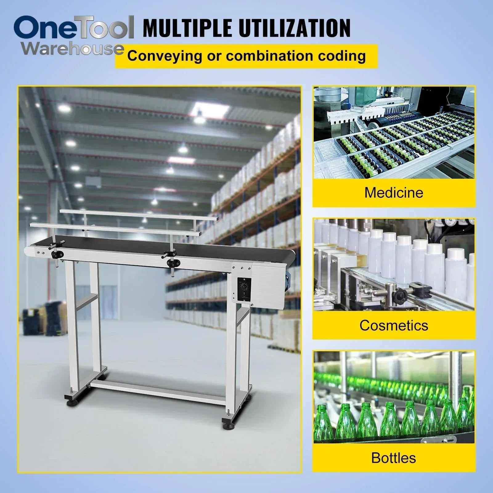 VEVOR 150 CM PVC Conveyor Belt Machine 59''x 7.8'' With Stainless Steel Adjustable Guardrail for Automatic Electrical Industrial