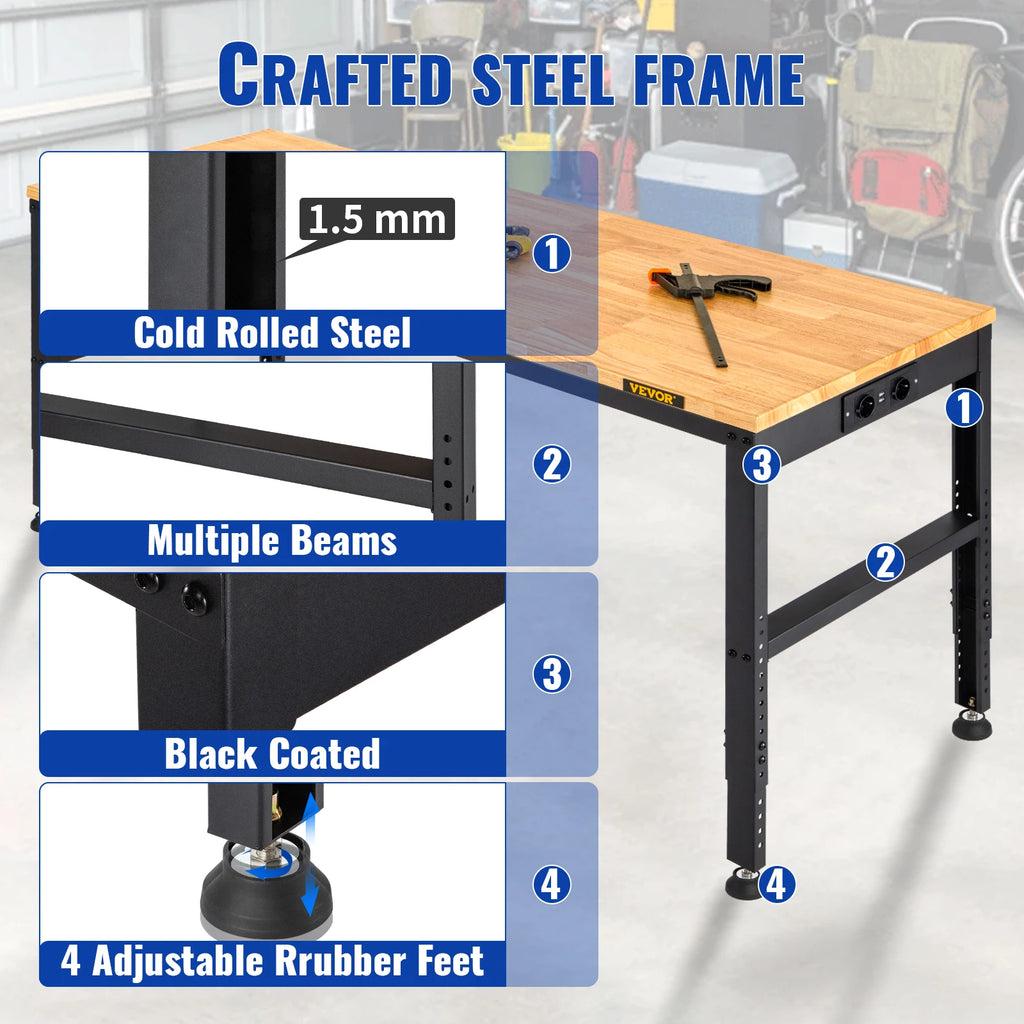 SucceBuy Heavy-Duty Workbench 72cm Adjustable Height Oak Wood Hardwood Top Table 900KG Load Capacity for Office Home Workshop
