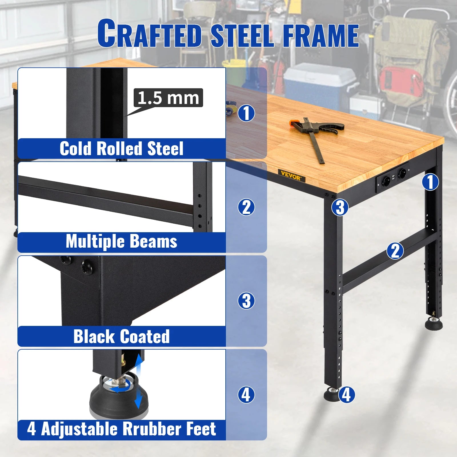 SucceBuy Heavy-Duty Workbench 72cm Adjustable Height Oak Wood Hardwood Top Table 900KG Load Capacity for Office Home Workshop
