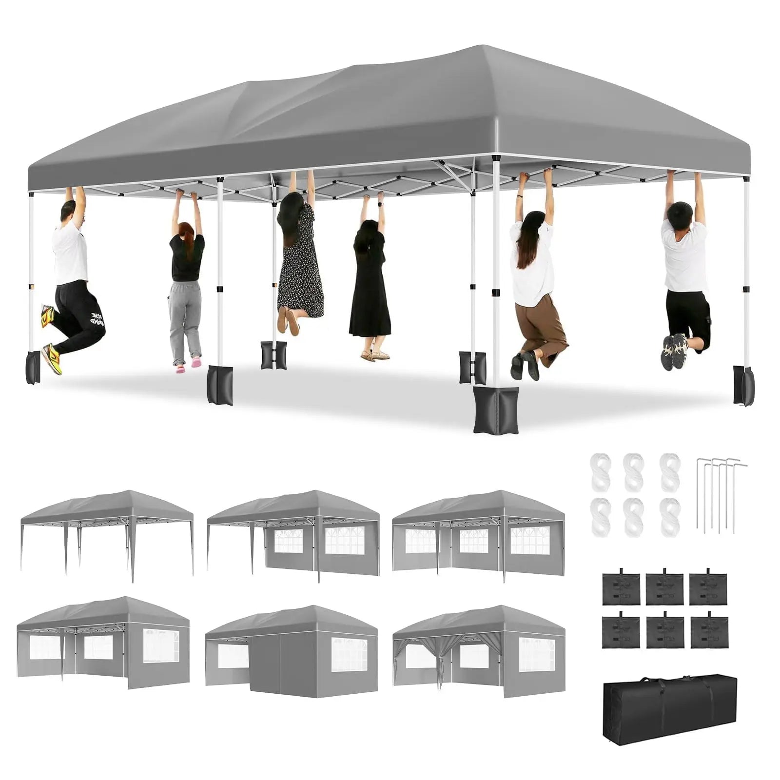 10x20FT Pop Up Canopy Tent, Heavy Duty Wedding Party Tent Commercial Grade Instant Shelter with Removable Sidewalls for Outdoor, Parties, 3 Height, Carry Bag, Sandbag Gray