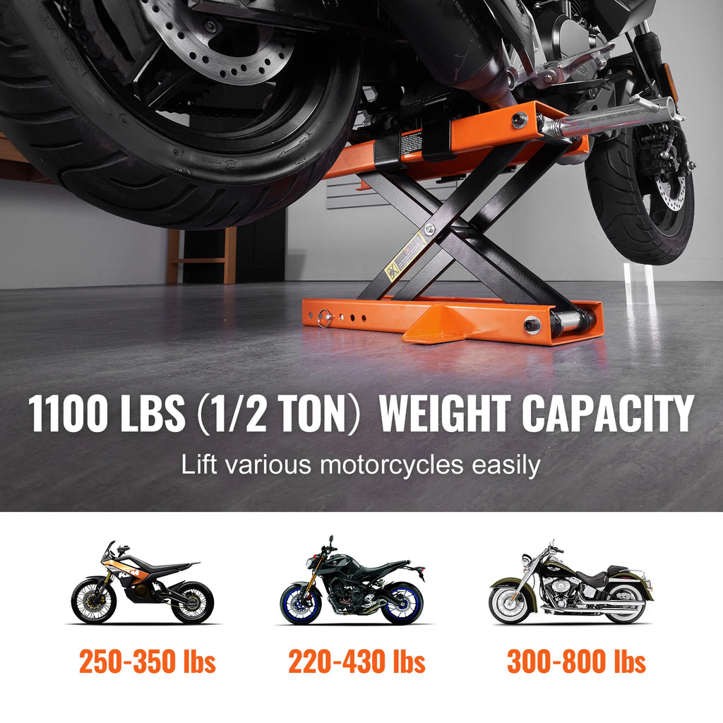 SucceBuy Motorcycle Lift 500kg Motorcycle Scissor Lift  with Saddle &Safety Pin Steel Motorcycle Jack Hoist Stand for Motorbike