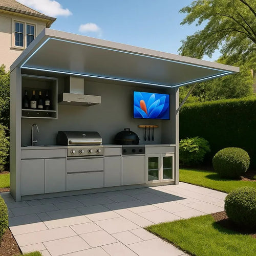 Custom Modern Luxury 304 Stainless Steel Outdoor Kitchen BBQ Grills Black With Roof For Camping Garden Pool Commercial