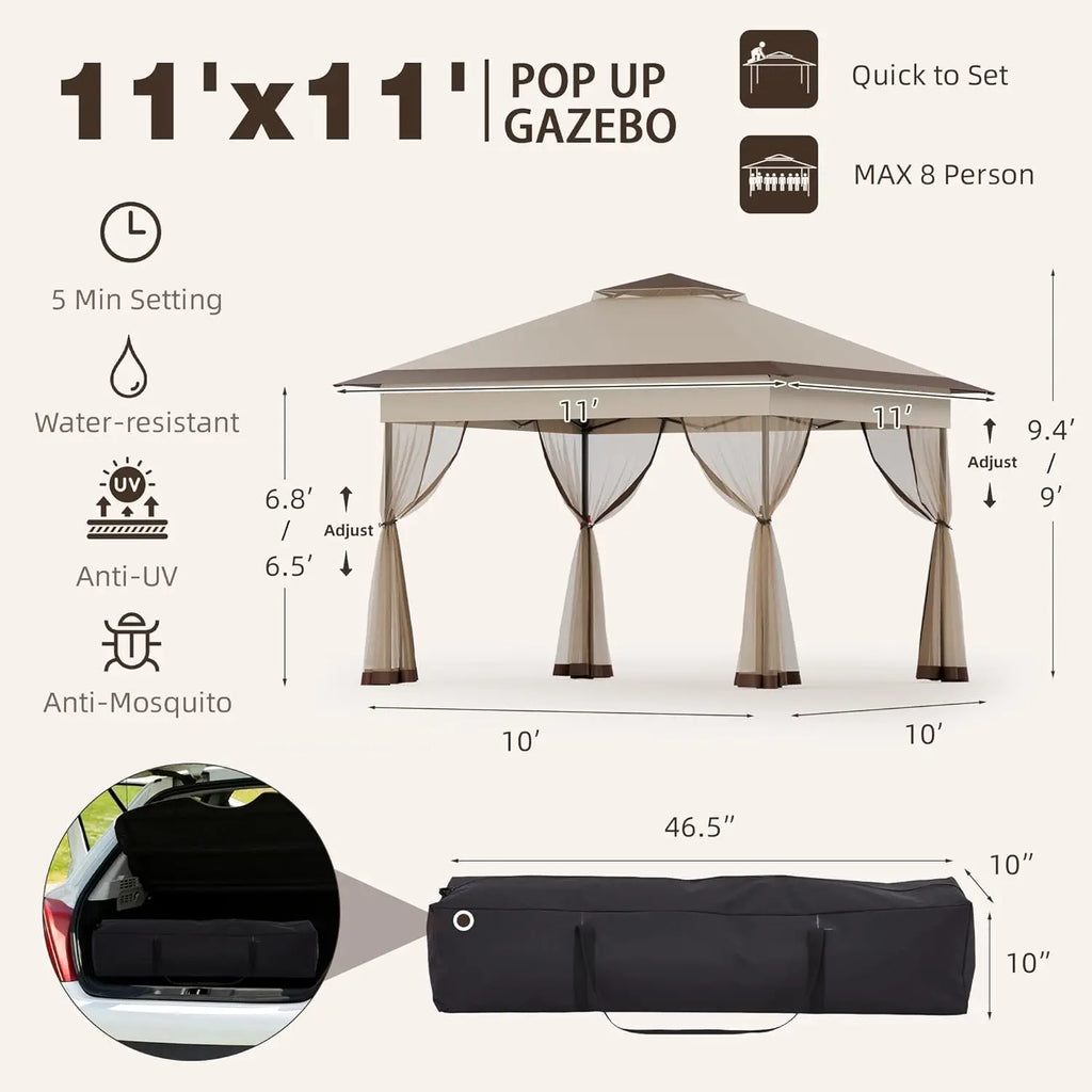 11x11 Pop Up Gazebo with Mosquito Netting – Easy 1-Person Setup, Water-Resistant Backyard Canopy for Family Patio & Garden Use,K