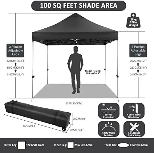 10x10 Pop Up Canopy Tent with 4 Sidewalls,Heavy Duty Canopy,Black | Popup Gazebo,High Stability,All Season
