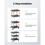 Amocart 300lbs Utility Service Cart Three-Shelf Plastic Rolling Hand Cart with 360° Swivel Wheels for Warehouse Garage Cleaning