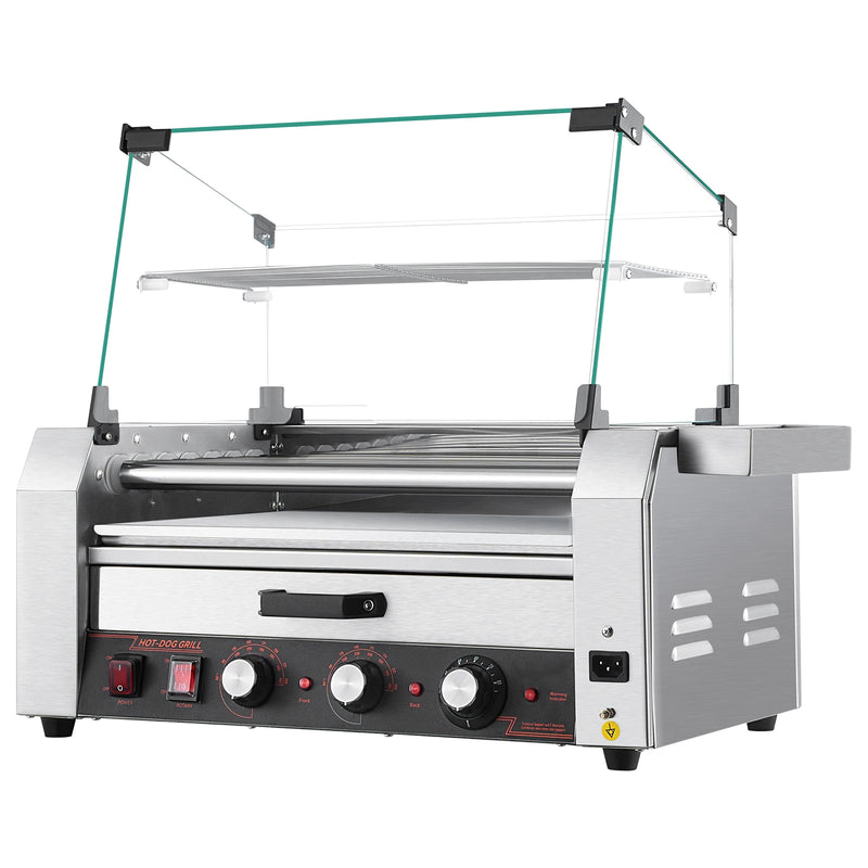 SucceBuy Hot Dog Roller Stainless Steel Sausage Grill Cooker Hot Dog Machine with Bun Warmer Cover 3 Temp Control for Commercial