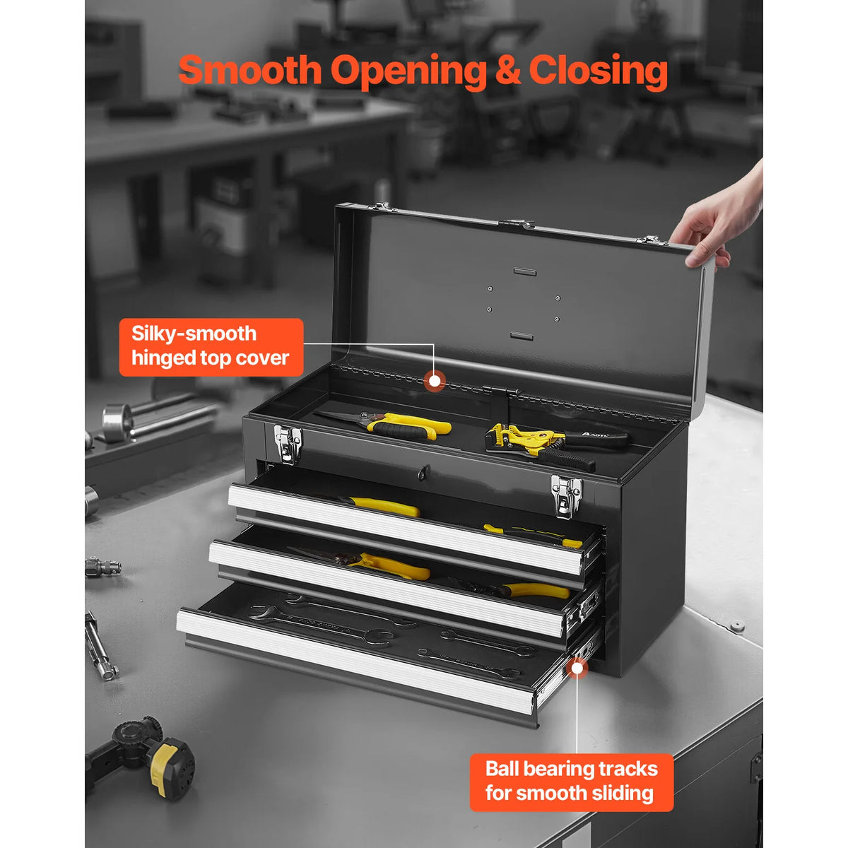SucceBuy 20in 3-Drawer Metal Tool Box Black/Red Tool Chest with EVA Liners Multifunction Tool Organizer for Garage & Workshop Amocart