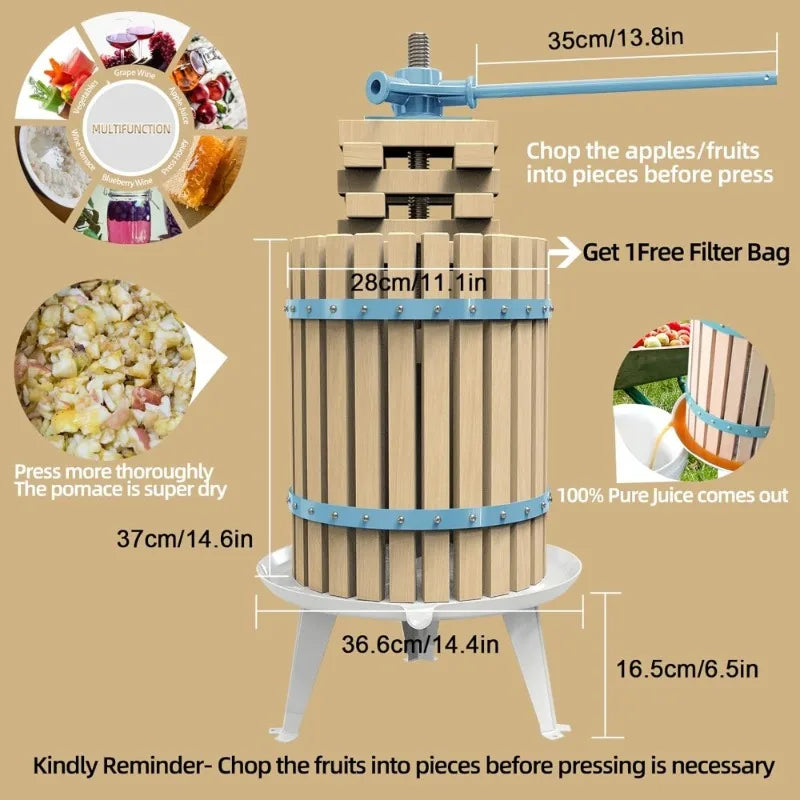 Fruit Crusher and Cider Press Set 7L Stainless Steel Crusher 18L Wood Press for Apples Grapes
