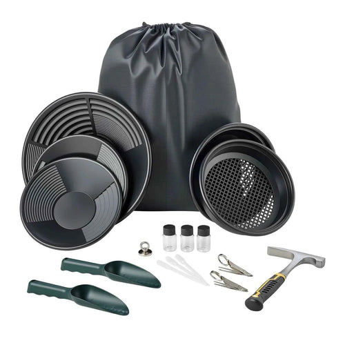 Amocart 19PCS Gold Panning Kit 10in and 14in Pans with Classifier Sieves Sand Magnet Rock Pick Scoops for Outdoor Gold Recovery