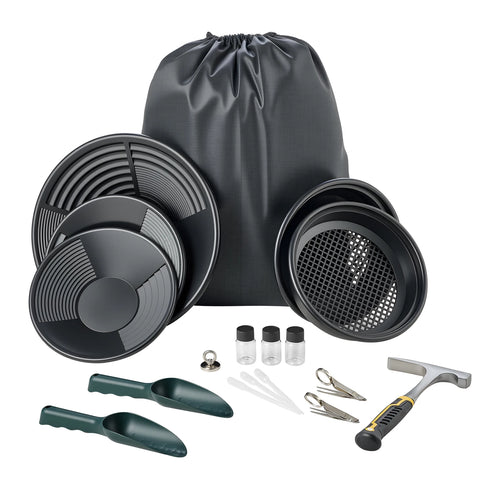 SucceBuy 19PCS Gold Panning Kit 10in and 14in Pans with Classifier Sieves Sand Magnet Rock Pick Scoops for Outdoor Gold Recovery