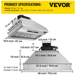 SucceBuy Built-in Range Hood 800/900CFM 3/4-Speed 30/36 Inch Stainless Steel with LED Lights Baffle Filters Ducted Convertible