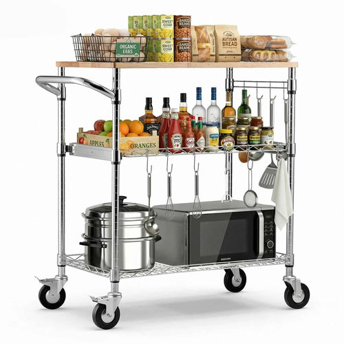 SucceBuy Kitchen Utility Cart 3 Tier Adjustable Wire Storage Rack with Wood Tabletop and Handle Bar 661 lbs Steel Work Table